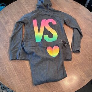 Victoria's Secret Heart Love Gray Jogger Tracksuit Set Zip M Hoodie S Sweatpants